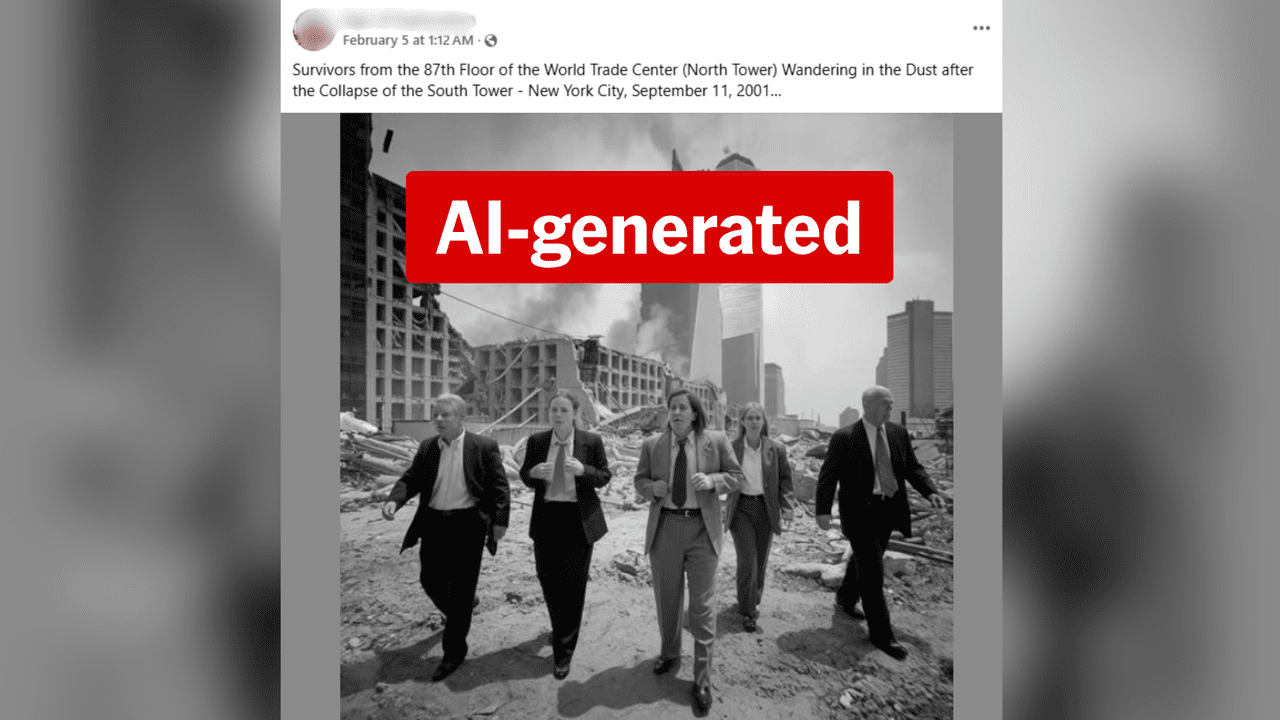 Screenshot of a Facebook post sharing an AI generated image of 9/11.