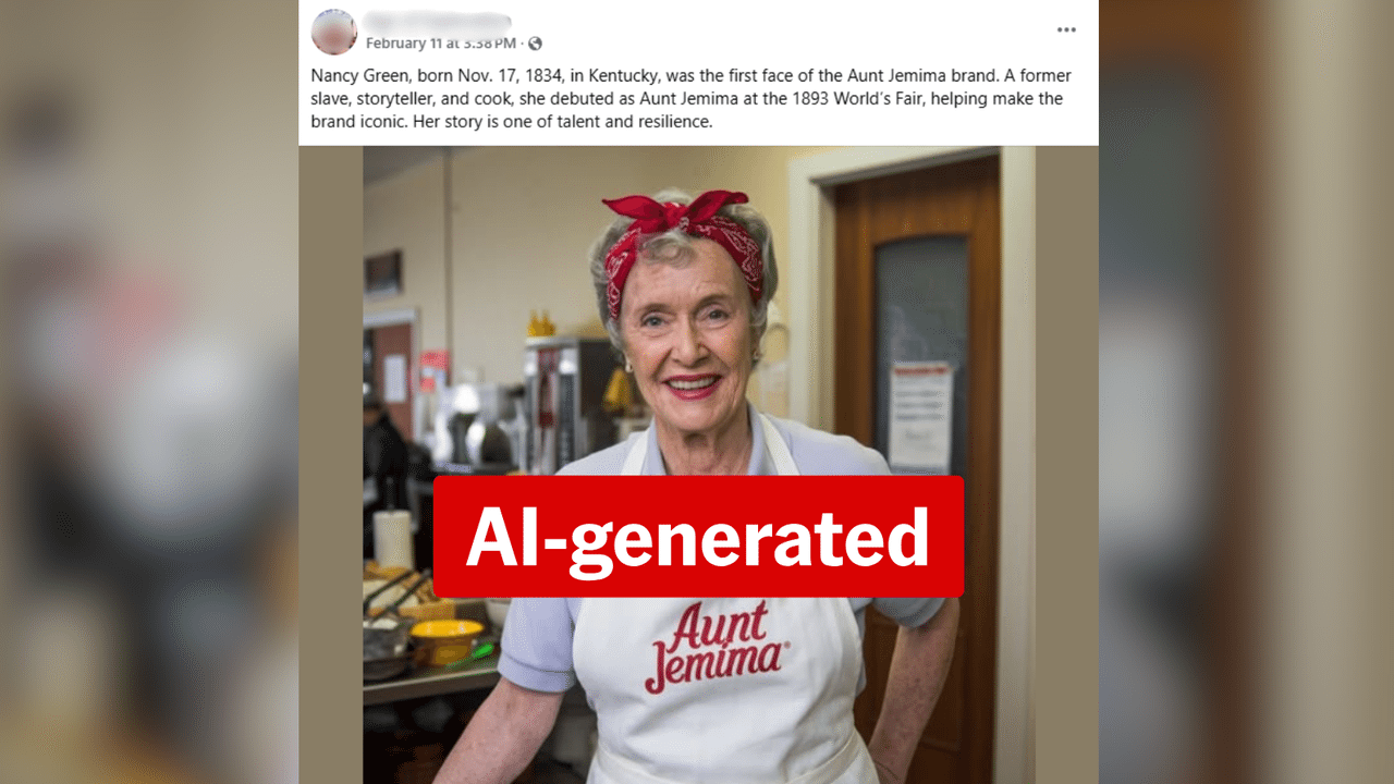 Facebook post sharing an AI image of 'Aunt Jemima' as a white woman.