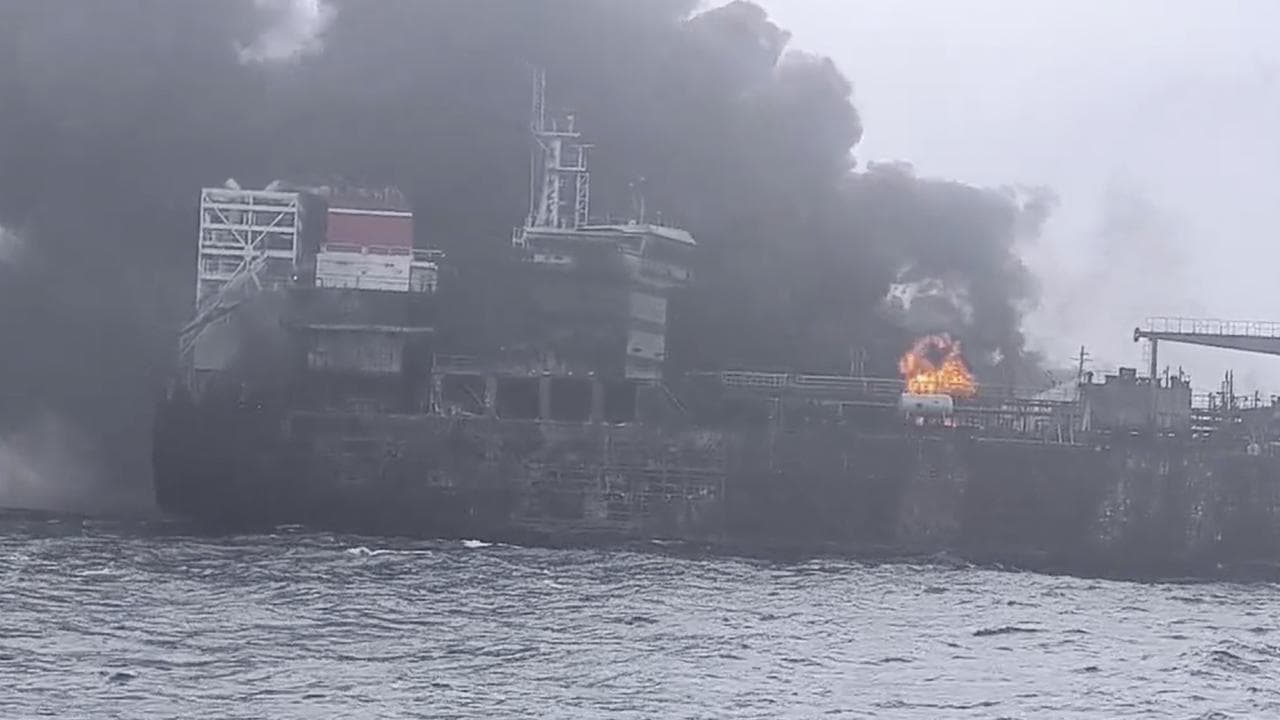 Stena Immaculate tanker on fire after hit by the Solong cargo ship