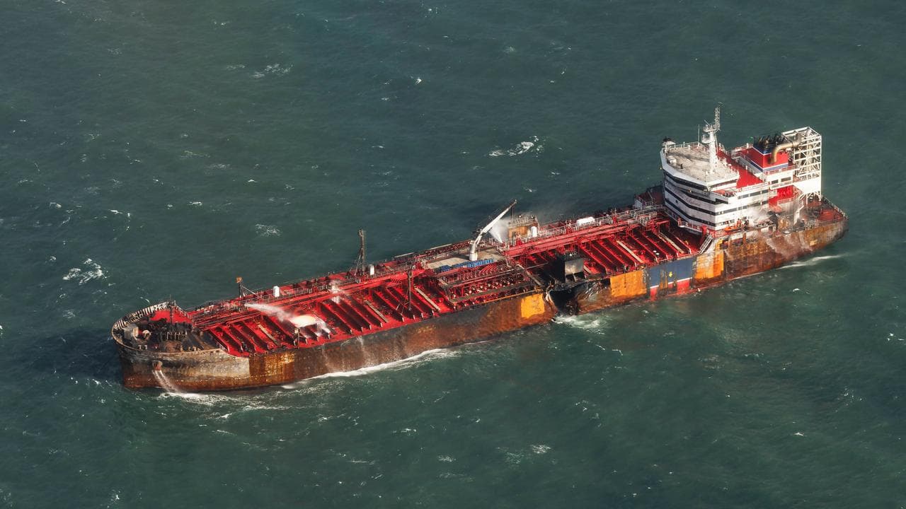 The damaged MV Stena Immaculate tanker at anchor in the North Sea