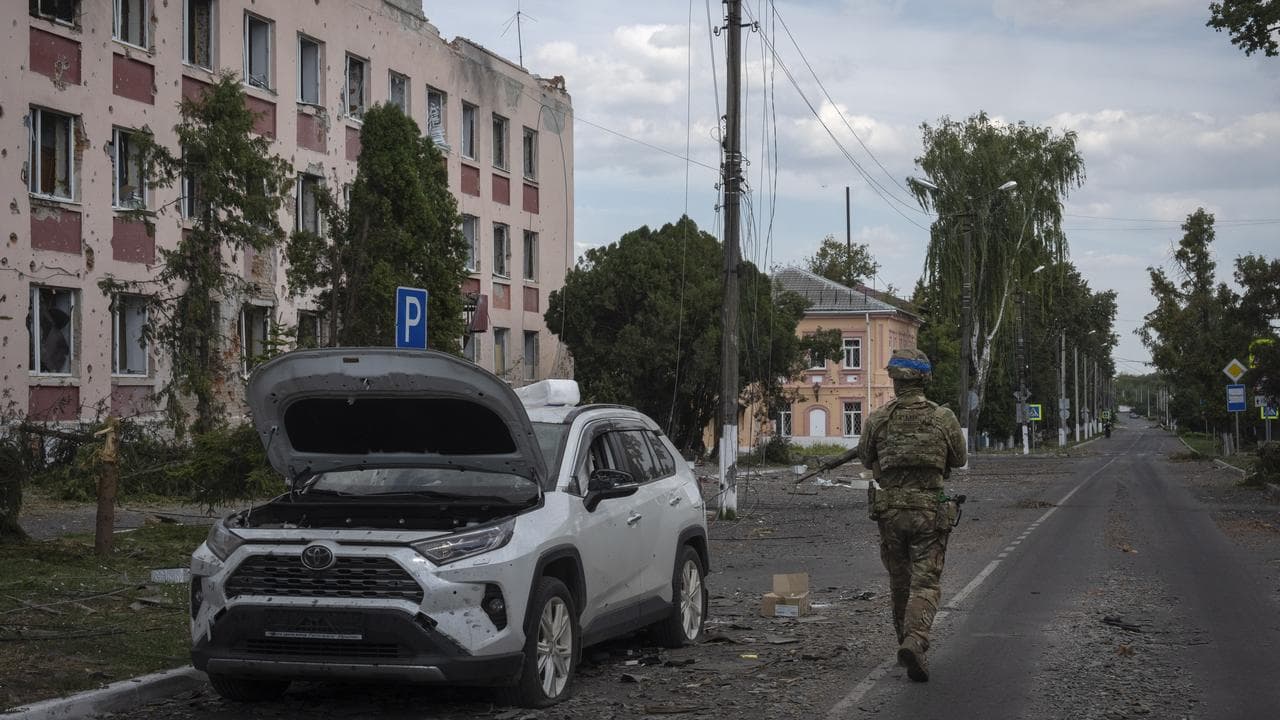 A Ukrainian soldier in Sudzha, Kursk region, Russia