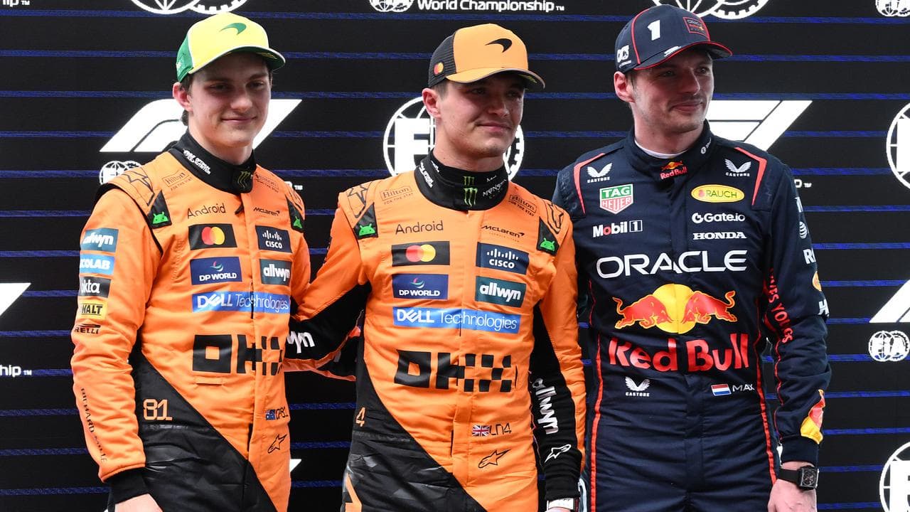 (L-R) Oscar Piastri, Lando Norris and Max Verstappen.