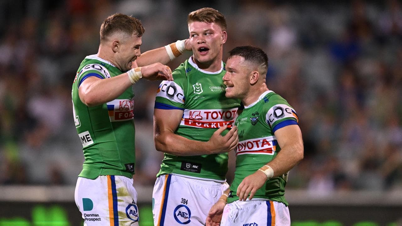 Celebrating Canberra Raiders players.