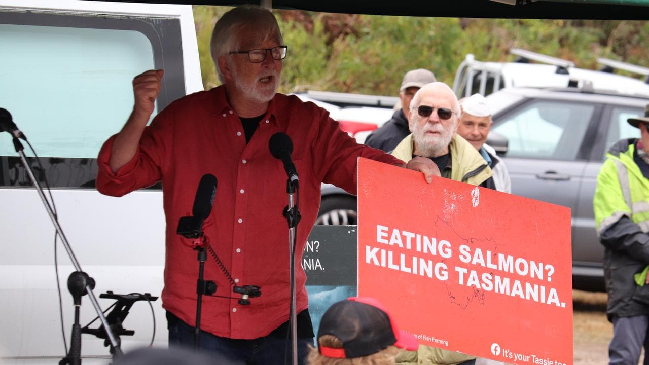 Peter George speaks during an anti-salmon farming protest