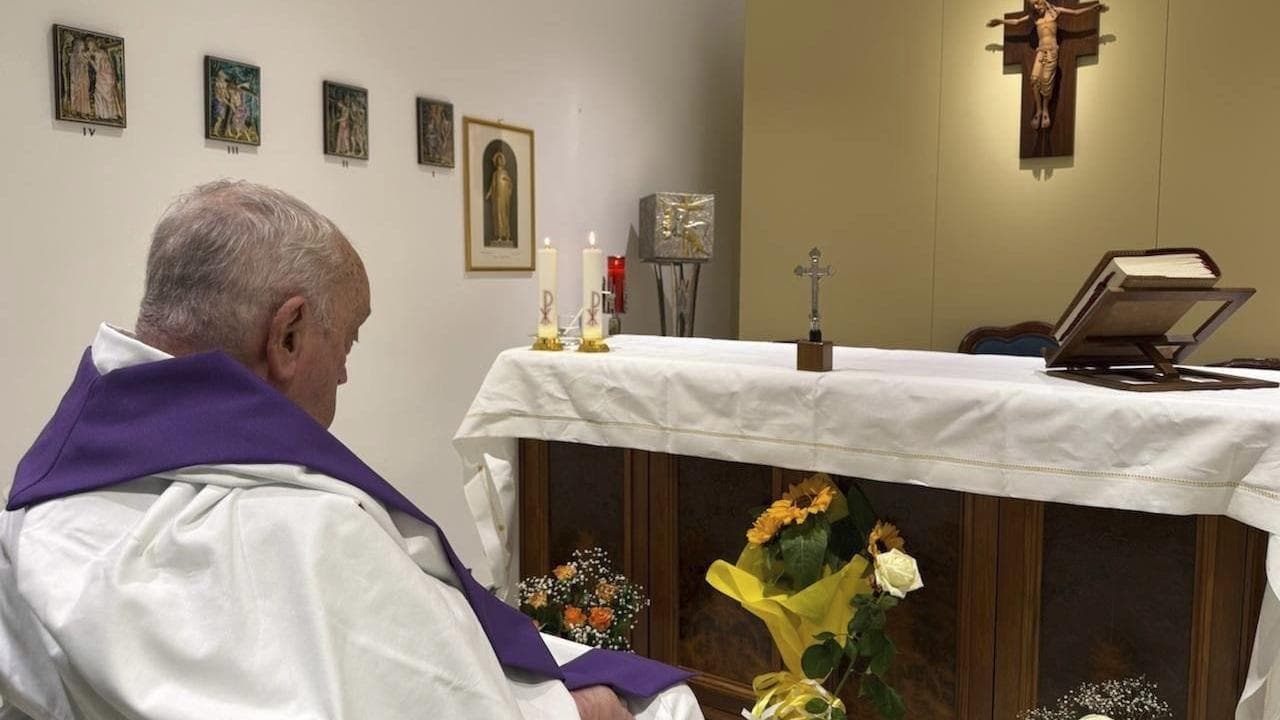 A Vatican photo shows Pope Francis at his private chapel