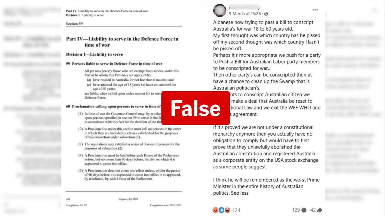 Facebook post claiming Albanese is bringing back conscription.