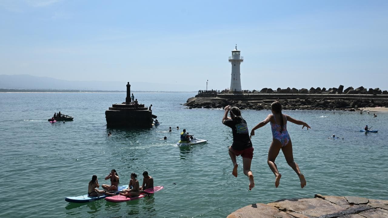 Swimmers jump into the water