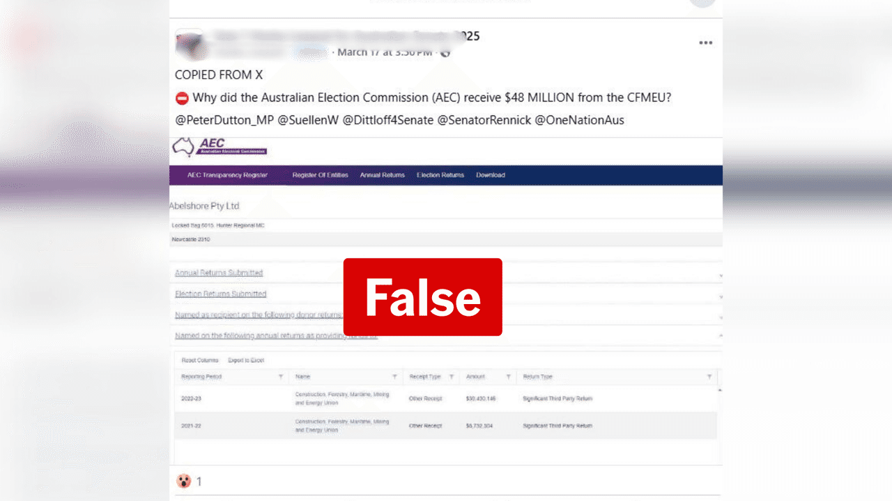 Screenshot  of a post making false claims about the CFMEU.