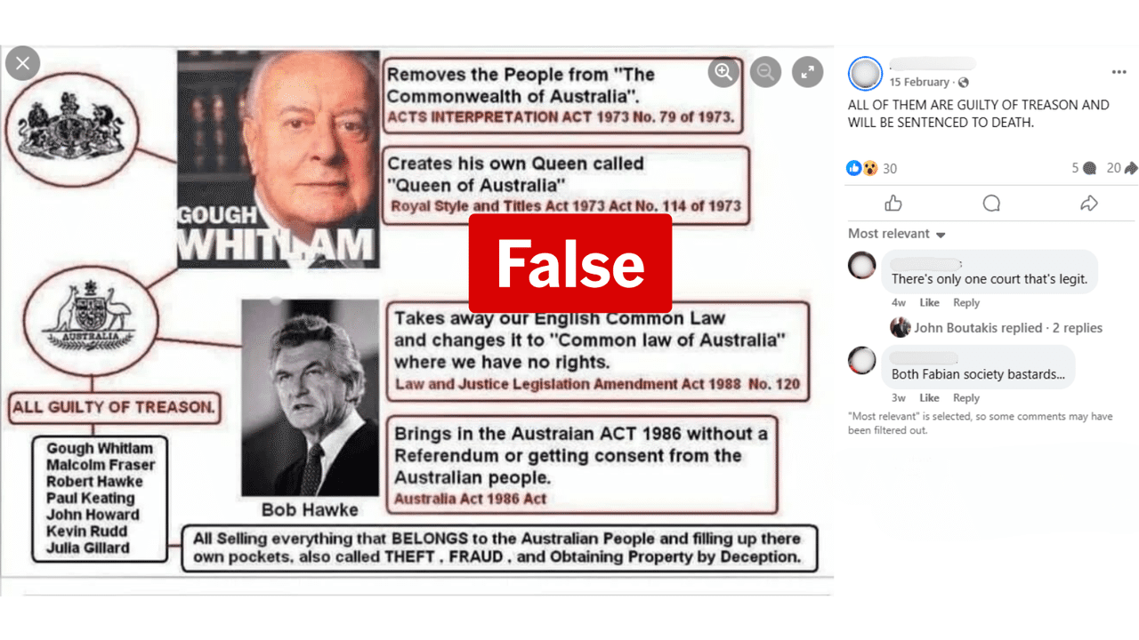 Facebook post claiming Bob Hawke and Gough Whitlam committed treason.