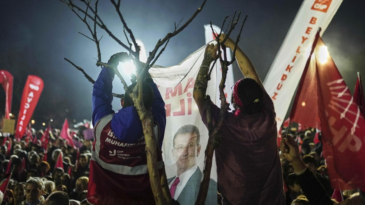 A banner with the image of Istanbul's Mayor Ekrem Imamoglu