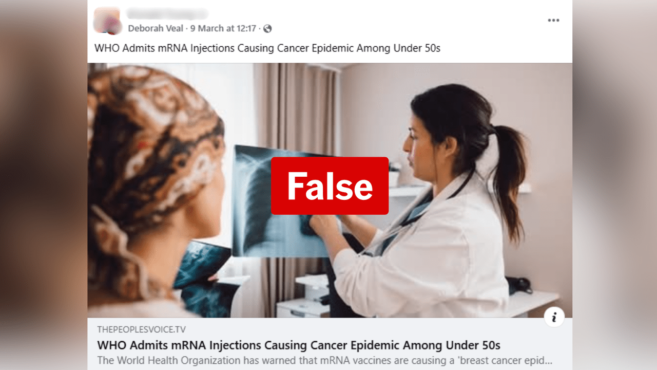 Facebook post sharing People's Voice link mRNA vax to breast cancer