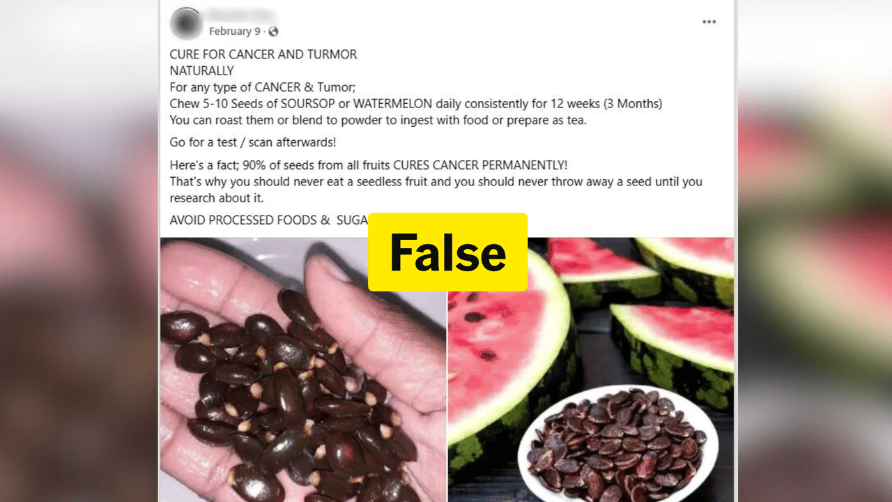 False Facebook post about watermelon seeds curing cancer.
