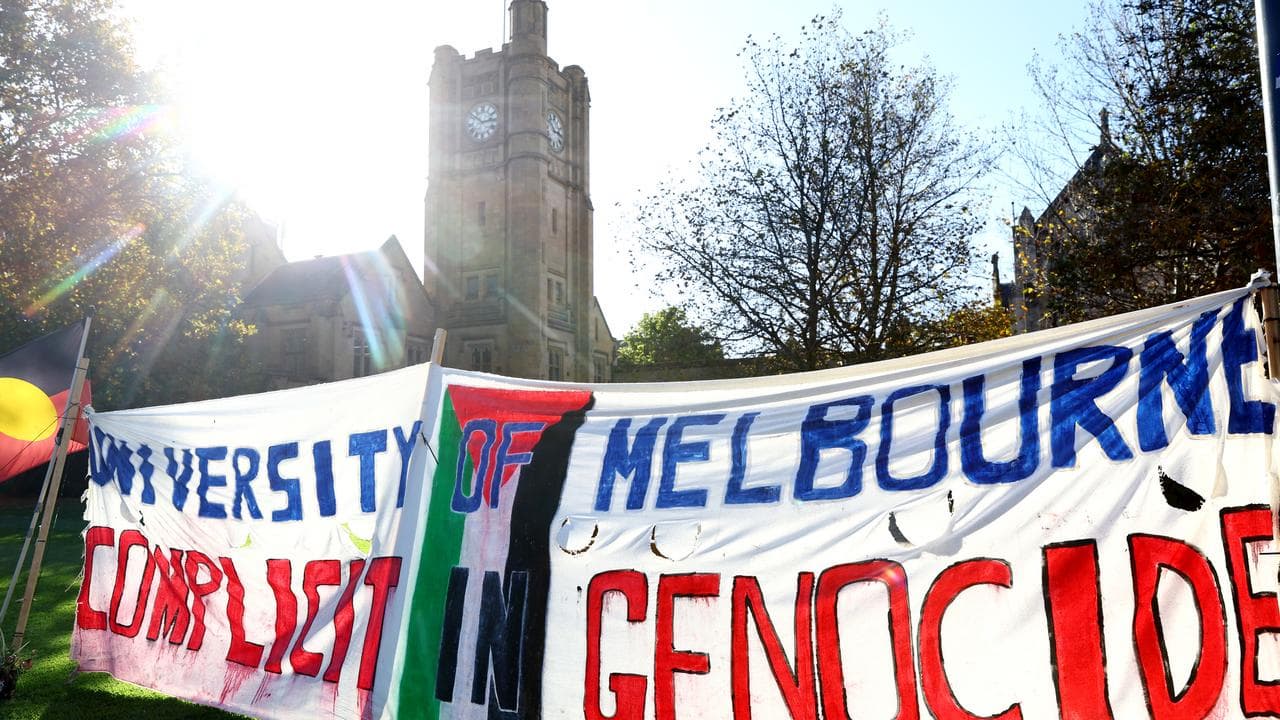 Banners at a Pro-Palestine encampment at the University of Melbourne