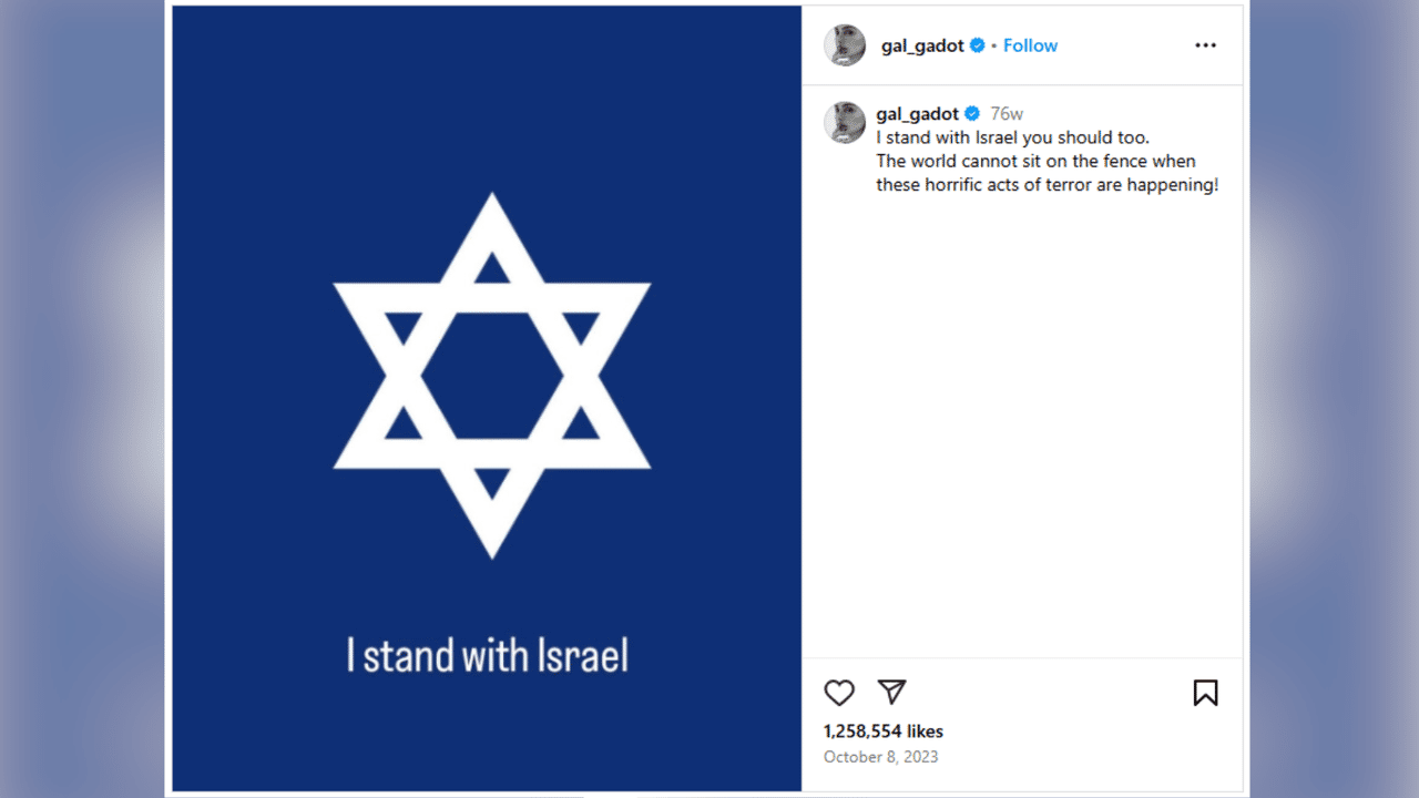 Gal Gadot's Instagram post expressing surpport for Israel.