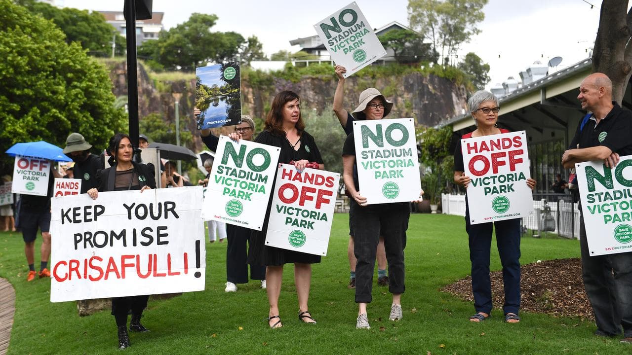 Protesters oppose a stadium at Victoria Park
