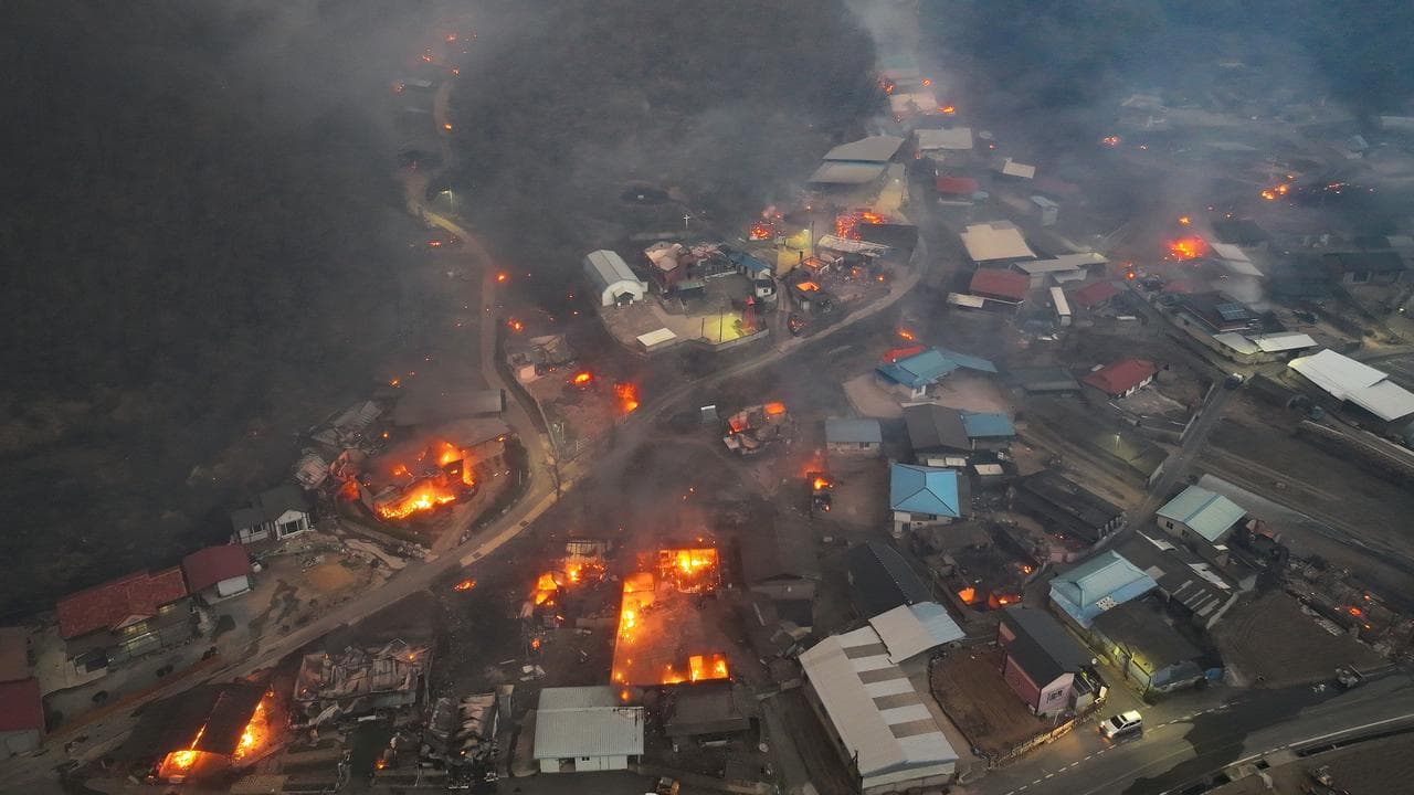 Village after being engulfed by a wildfire in Uiseong, South Korea