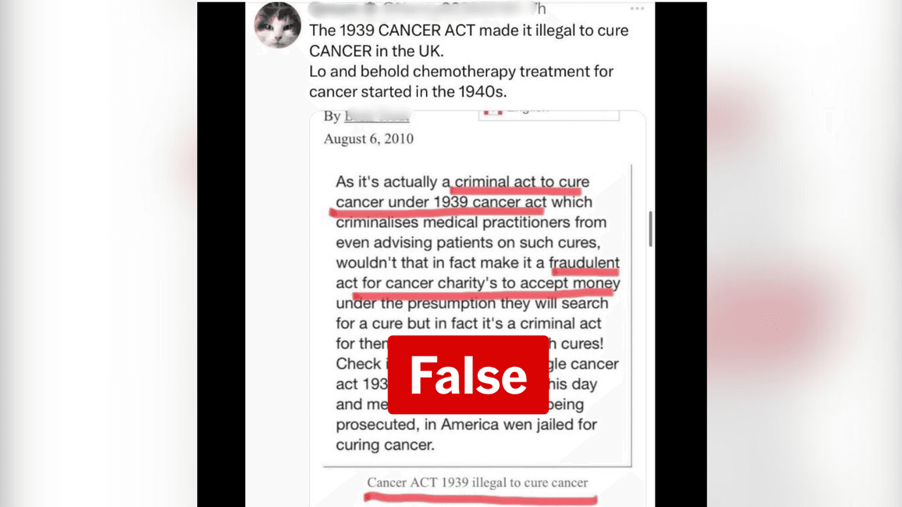 Screenshot of a post spreading misinformation about the UK Cancer Act.