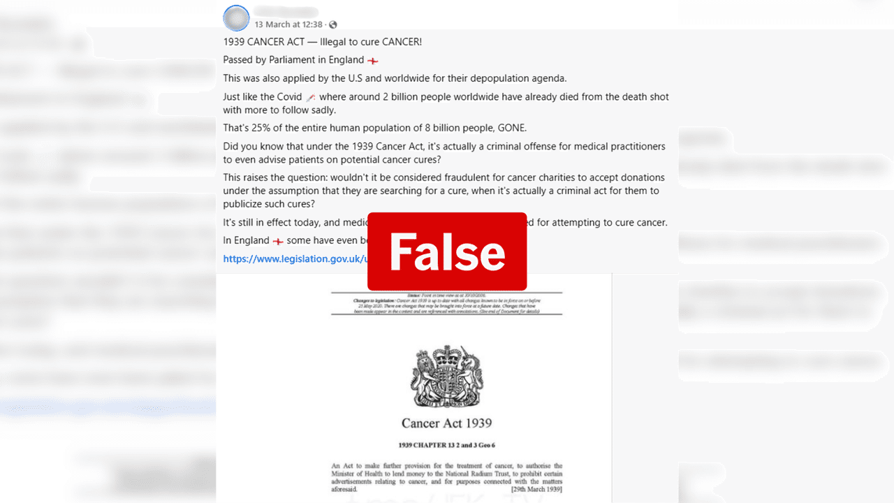 Fbook post claiming Cancer Act makes curing cancer illegal