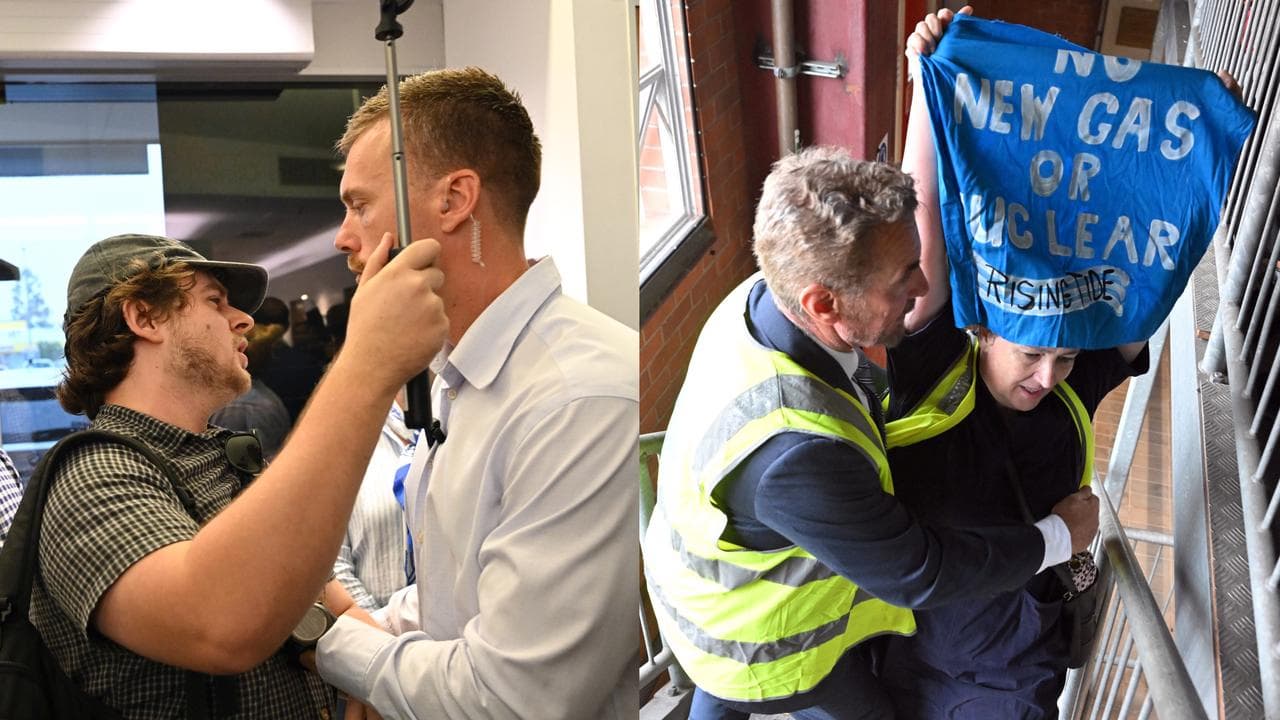 Diptych of hecklers interrupting Anthony Albanese and Peter Dutton