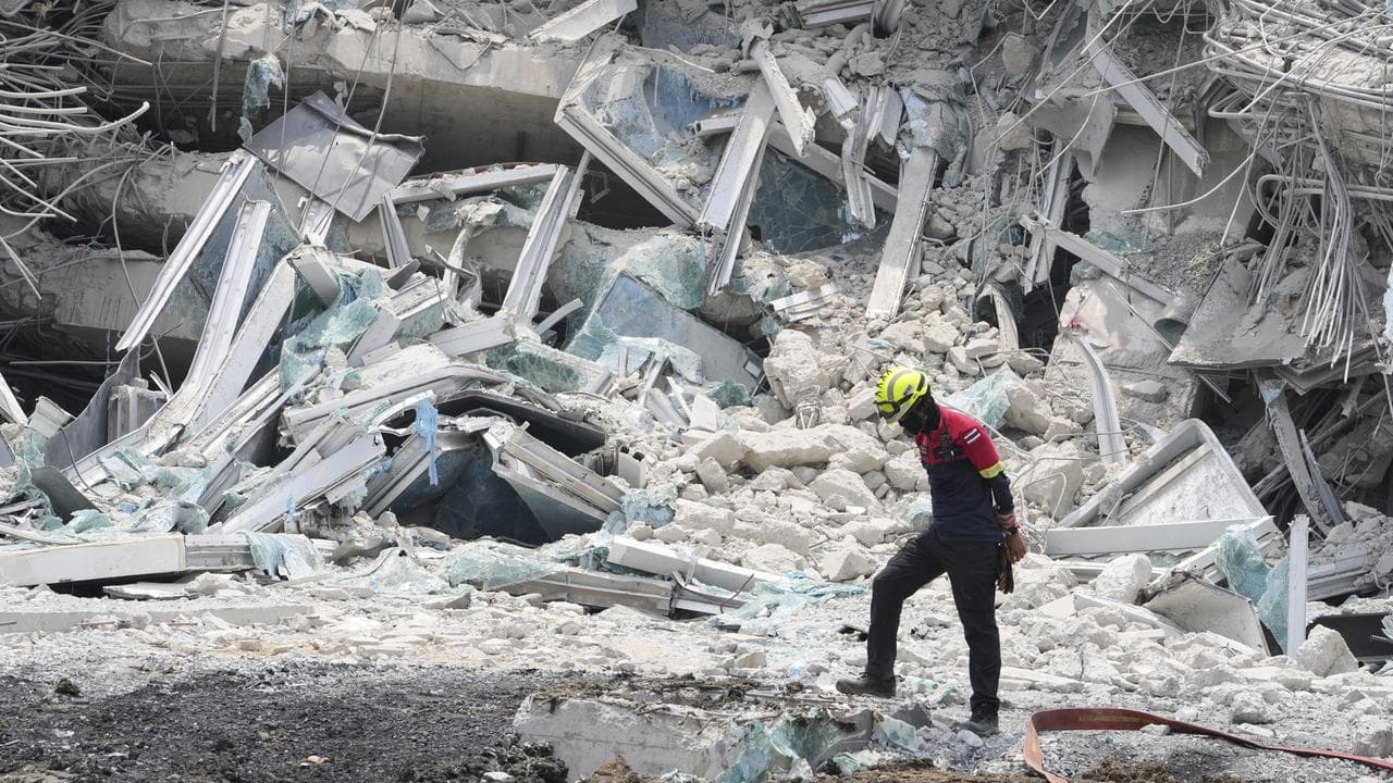 Debris at the damaged construction site of a high-rise in Bangkok
