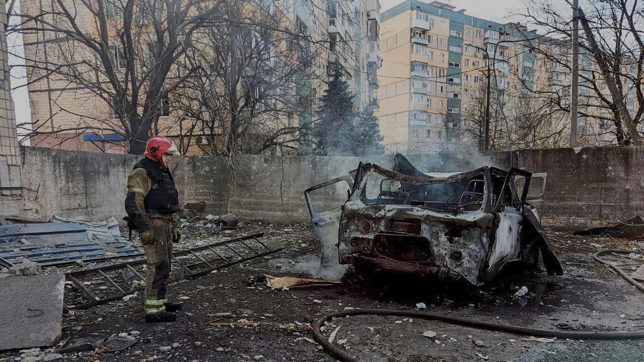 Firefighters put out the fire following a Russian missile attack 