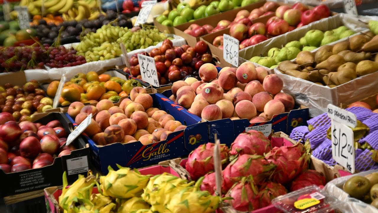 Fruit and veg on sale at Queen Victoria Market, Melbourne, March 2025