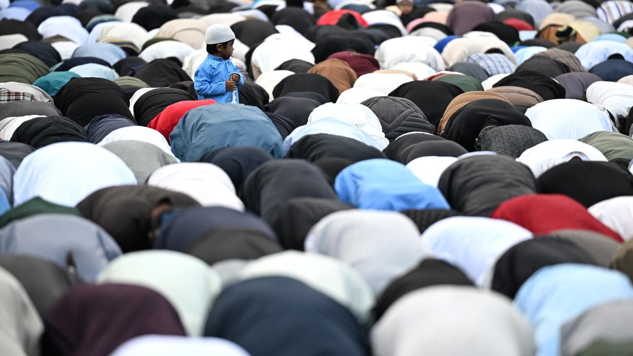 Thousands gathered at mosques at dawn to mark the end of Ramadan.