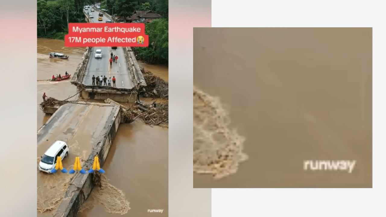 Closeup of runway AI logo on fake clip of collapsed bridge Myanmar