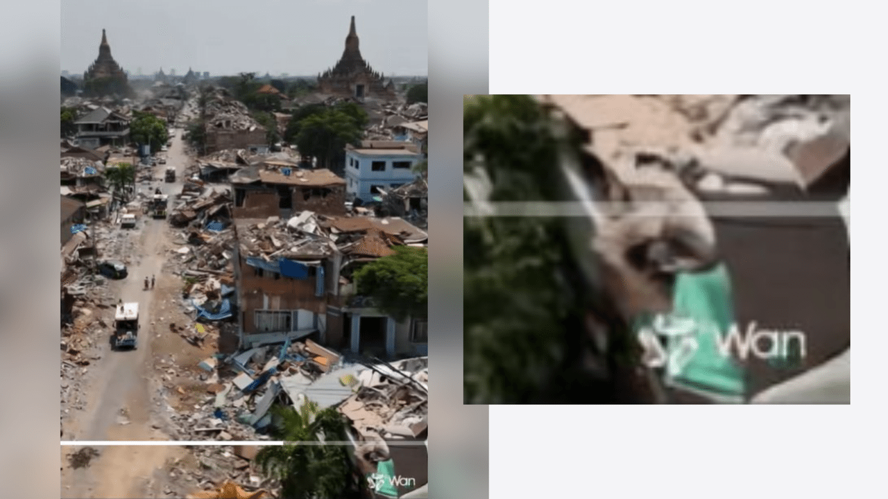 Closeup of WAN AI logo in fake video of Myanmar earthquake aftermath