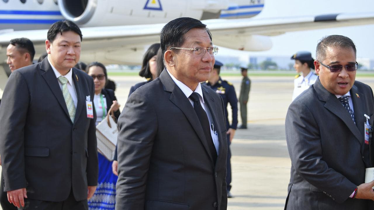 Myanmar military leader Min Aung Hlaing arrives in Bangkok