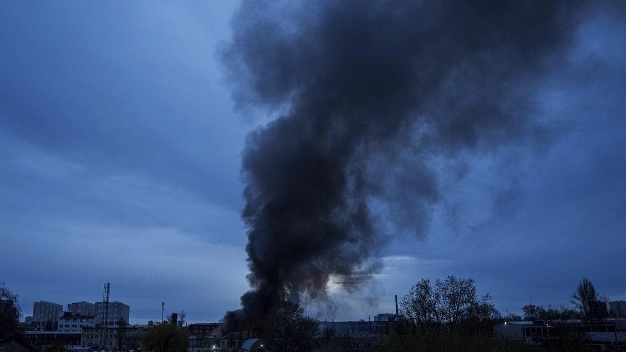 A burning facility of an industrial area hit by Russian missiles
