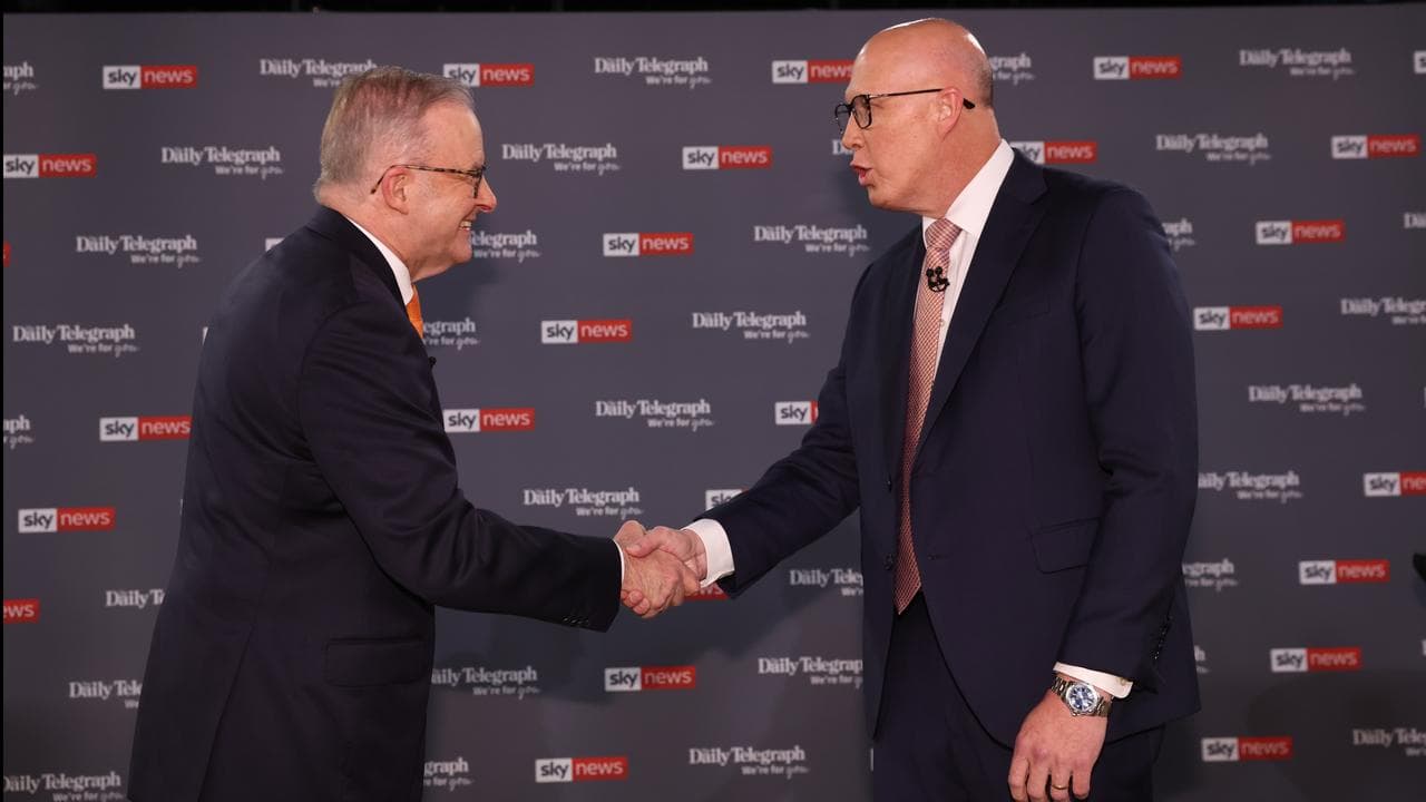 Albanese and Dutton shake hands, 1st leaders' debate, April 8, 2025