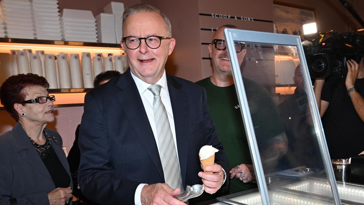 Prime Minister Anthony Albanese serves an ice cream at Hay St Market