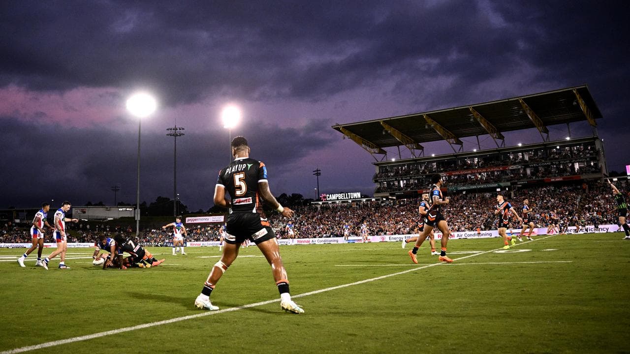 General view of Wests Tigers-Newcastle at Campbelltown Stadium.