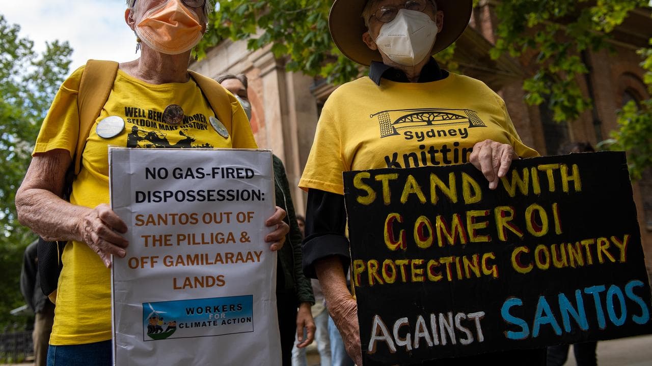 An anti-Santos protest by Gomeroi people, in 2022