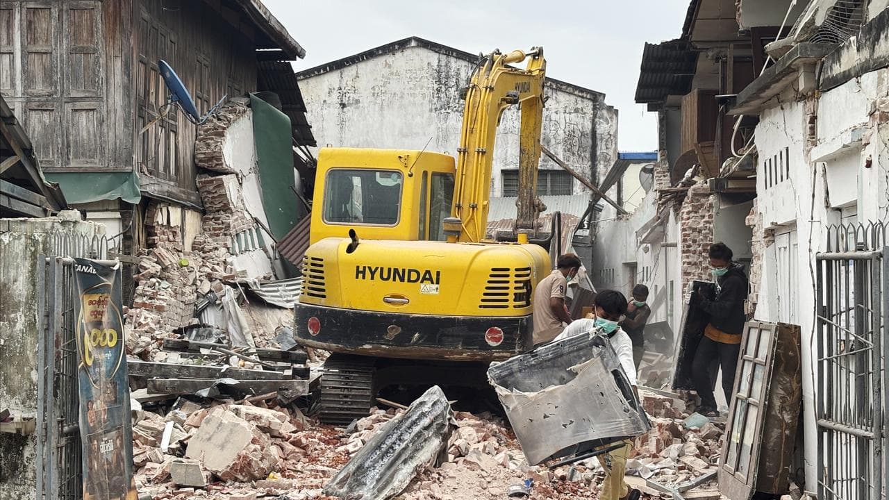 Debris from damaged buildings in the aftermath of an earthquake