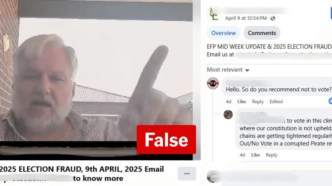 Screenshot of video making false claims the federal election is fake.