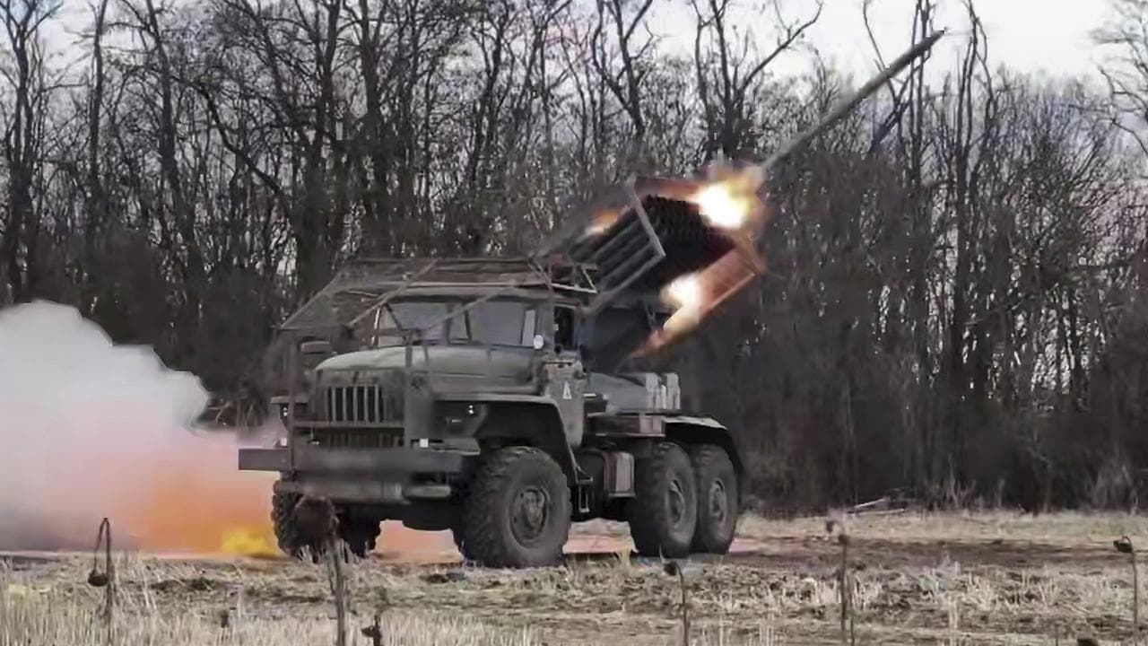 Russian rocket launcher fires towards Ukrainian positions in Ukraine