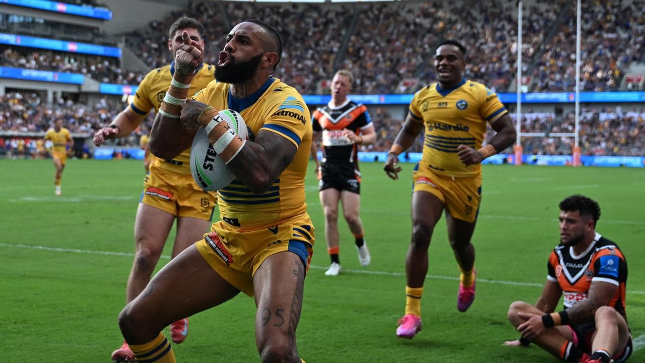 Josh Addo-Carr of the Eels celebrates a try