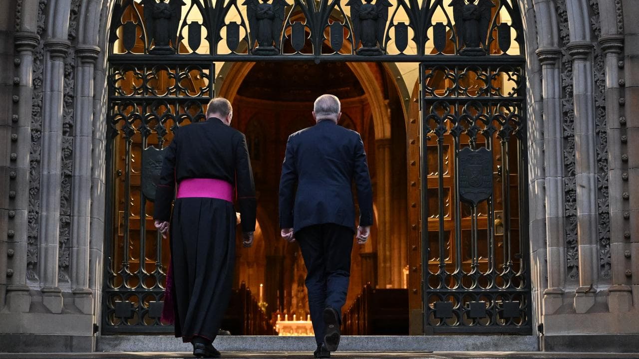 Anthony Albanese at a memorial for the Pope