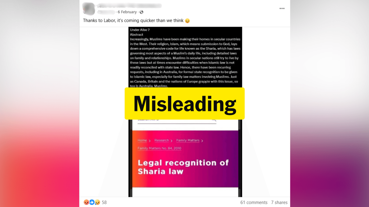 Facebook post claiming Australia is considering recognising sharia law