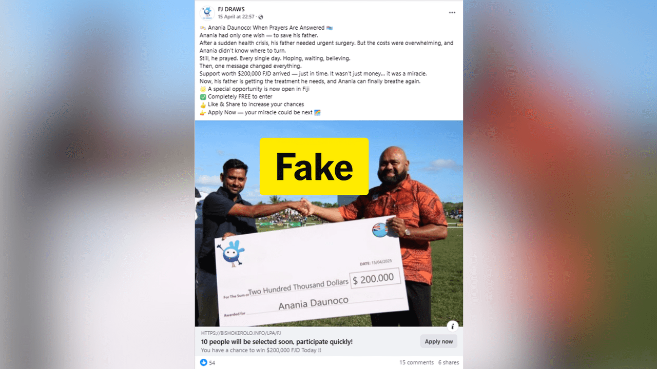 Facebook ad using a digitally altered picture originally on Fiji Live.