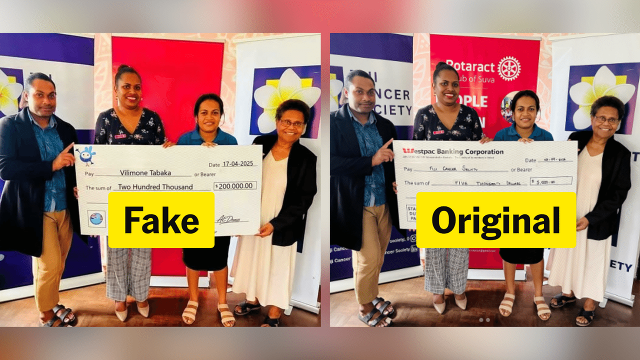 Fake and original image, from Facebook Fiji lottery scam.