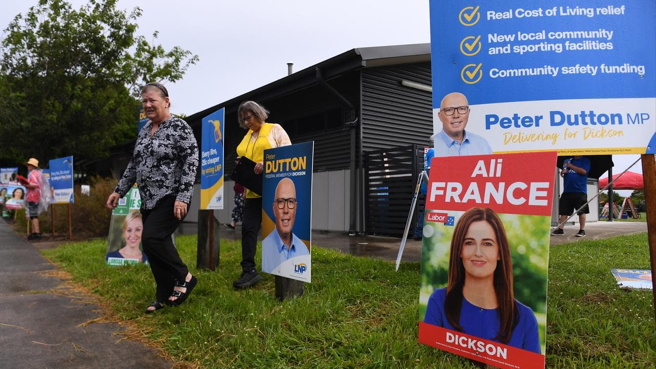 Corflutes of Peter Dutton of the LNP and Labor candidate Ali France