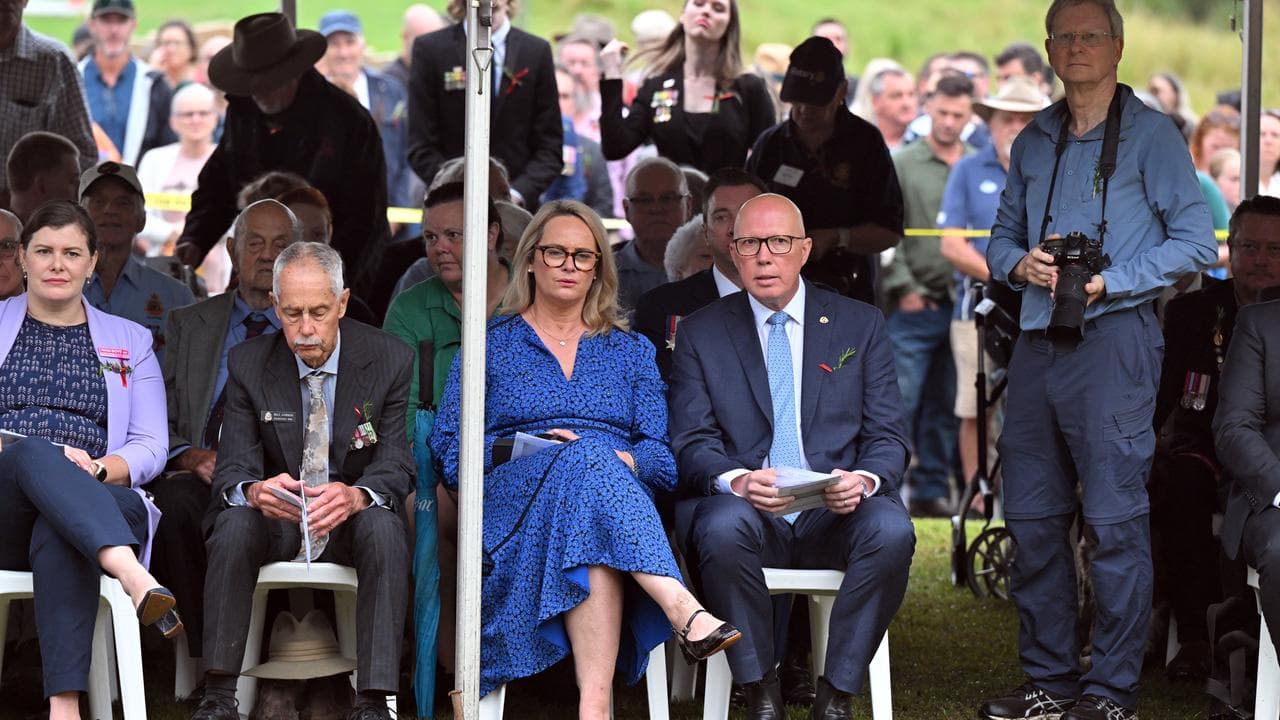 Peter Dutton and wife Kirilly at an ANZAC Day ceremony at Samford