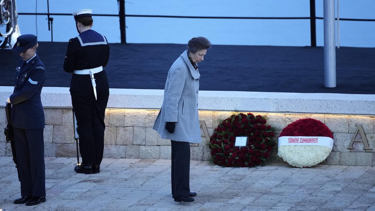 Princess Anne lays a wreath at Anzac Cove beach.