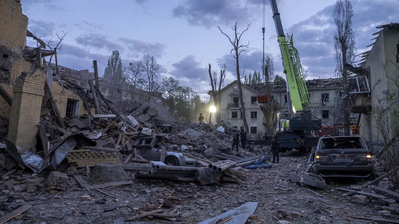 Rubble after a Russian strike in a residential neighborhood in Kyiv