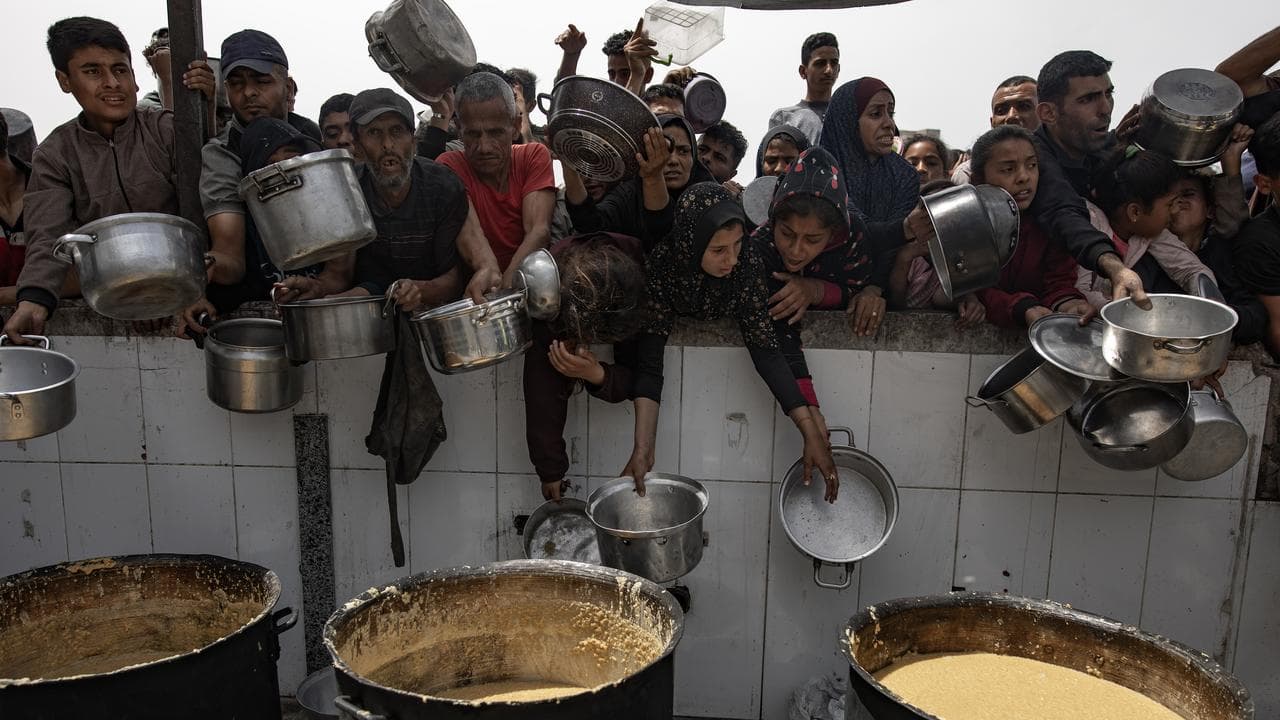Displaced Gazans collect donated food