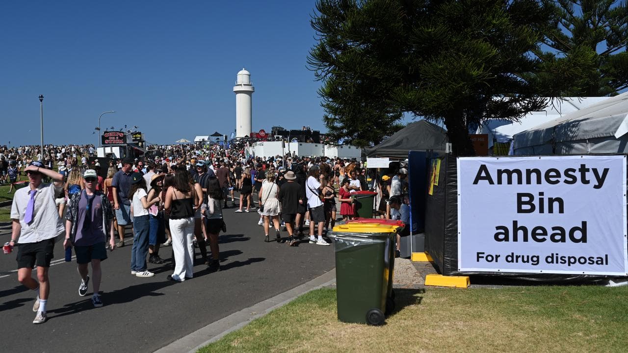 Drug amnesty bin sign at a music festival in Wollongong