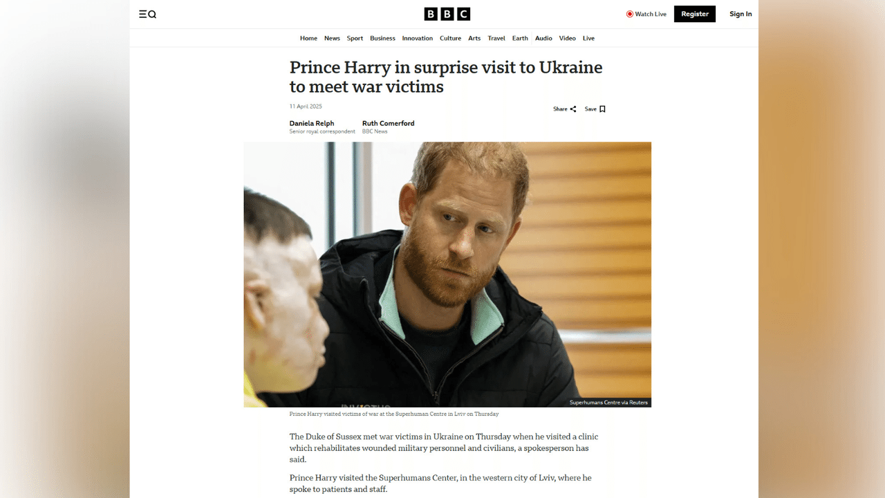 BBC story on Prince Harry's visit to Ukraine, April 2025